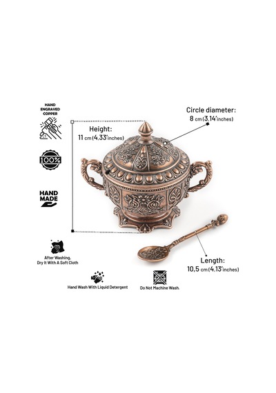 Dmt Copper Home Gaziantep Bakır Zamak Şekerlik Kase Yükseklik 11 Cm Genişlik 13 Cm& Kaşık Dahil