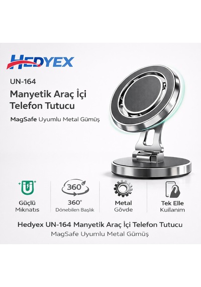 Hedyex Un-164 Manyetik Araç İçi Telefon Tutucu Magsafe Uyumlu Metal Gümüş