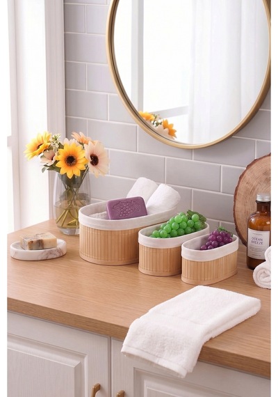 Oval 3 Lü Set İçi Kumaşlı Oval Bambu Düzenleyici Sepet Çok Amaçlı Organizer-oval Bej Bej