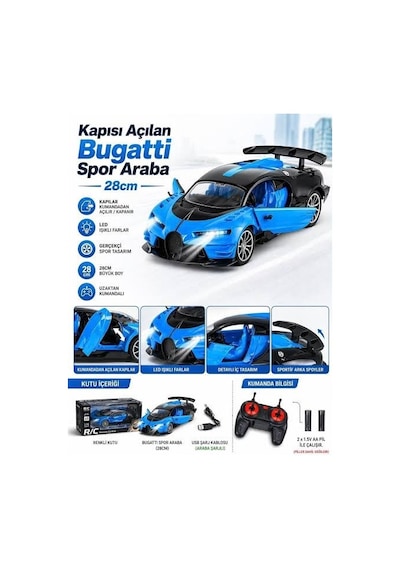 Bugatti Tasarımlı 1:14 Ölçekli 5 Kanal Uzaktan Kumandalı Şarjlı Spor Model Yarış Arabası Mavi
