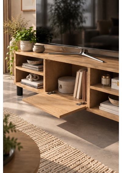 Sulorahome Bej Suntalam Tv Sehpası 136x44 Cm Açık Ceviz