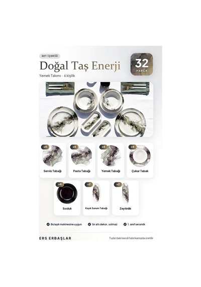 Doğal Taş Enerji 32 Parça 6 Kişilik Lüx Yemek Takımı Yemek Seti Diğer