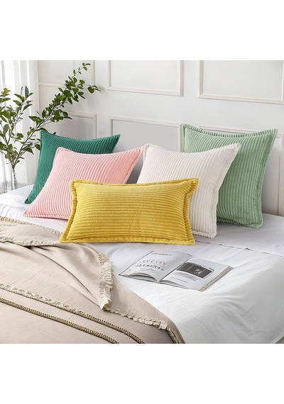 Kadife Yastık Kılıfları 45 X 45 Cm 2'li Set - Oturma Odası, Yatak İçin Geniş Kenarlıklı Çizgili Kırlent Kıl Diğer
