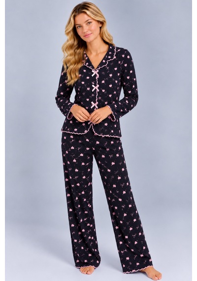 Pijamask Kadın Desenli Fiyonk Detaylı Düğmeli Uzun Kollu Müslin Pijama Takımı Siyah