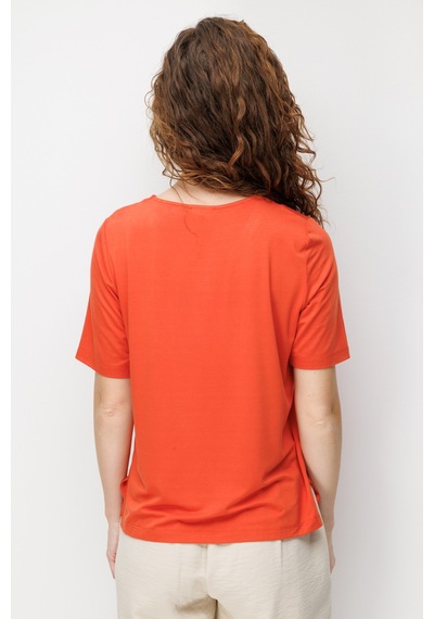 Kadın Sıfır Yaka Yakası Çift Şeritli Taşlı Penye T-shirt Oranj Turuncu