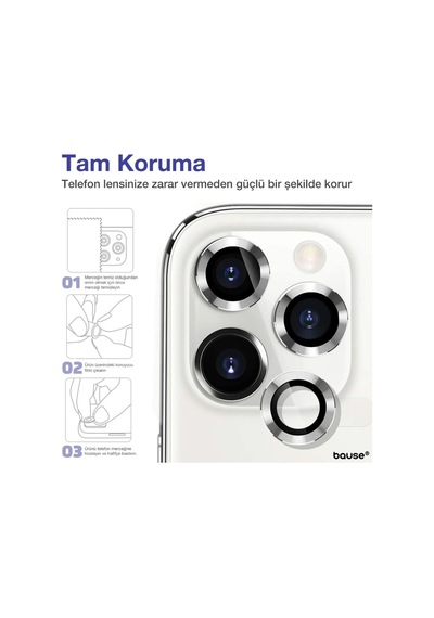 Apple Uyumlu   iPhone 14 Pro Max Kamera Koruyucu Lens Mercek Metal Çerçeveli 3lü Set Gümüş Gri Silver