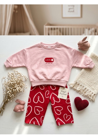 Bambık Pamuklu Kalp Desenli Kız Bebek Sweatshirt Pantolon Takımı Pembe