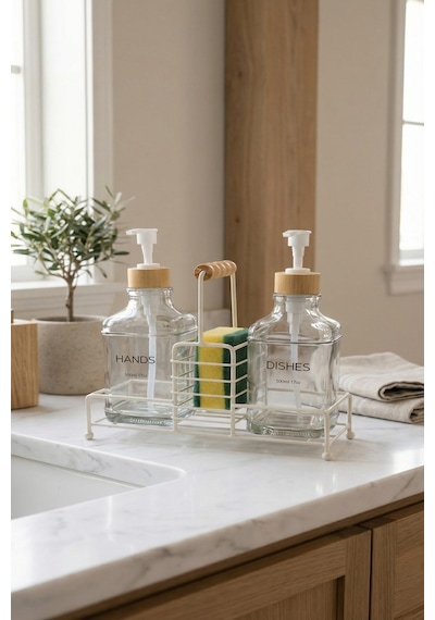Makri Home Lüks Bambu Kulplu Beyaz Metal Stantlı İkili Cam Sıvı Sabunluk 500 Ml, 23x9x23,5 Cm
