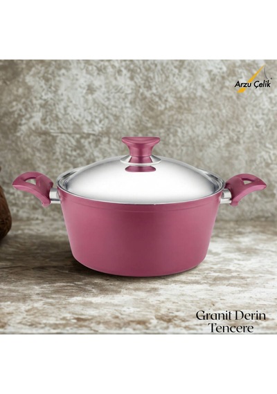 24 Cm Granit Derin Tencere Çelik Kapak - Mürdüm Mürdüm