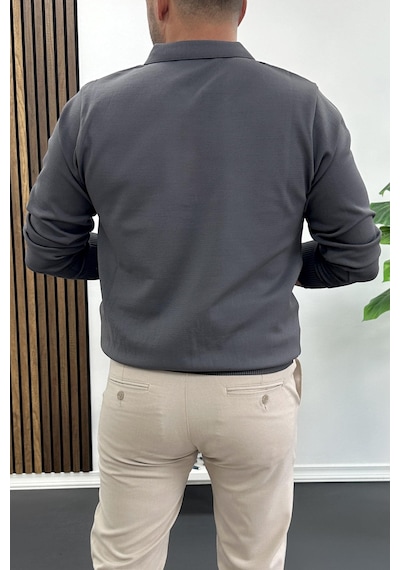 Edwox Erkek Yarım Fermuarlı Düz Desen Polo Yaka Kazak Antrasit Edw424 Antrasit