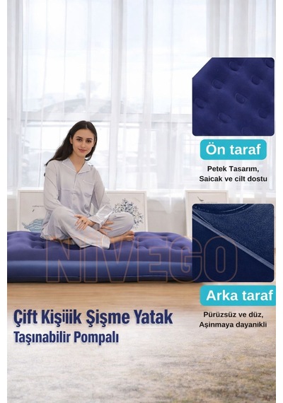 Nivego Çift Kişilik Şişme Yatak Dahili Pompalı 203x152x22cm Kamp & Ev Kullanımı İçin Delinmeye Ve Kesilmeye Dayanıklı Lacivert