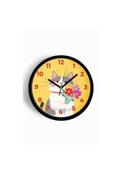 Sevimli Kedi Çocuk Odası Duvar Saati - 25cm - Önü Camlı Siyah Kasa - Sessiz Mekanizma-jh1125 Siyah