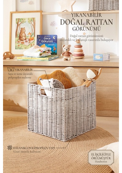 Ocean Home Textile Çocuk Odası Yıkanabilir Gri Pp Rattan Sepet 33 X 33 X 33 Cm