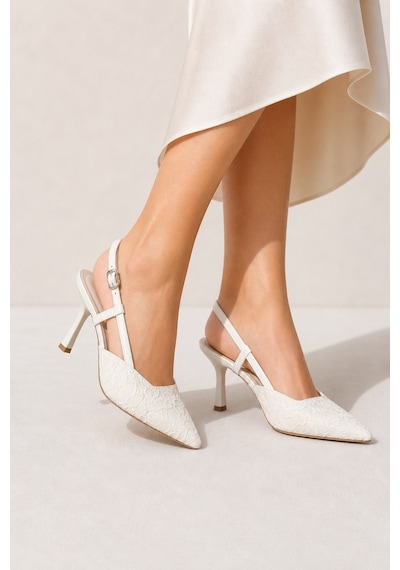Lebibe Shoes Lısa Kadın Beyaz Sivri Burun 7 Cm Topuklu Çiçek Dantel Desenli Rugan Slingback Ayakkabı