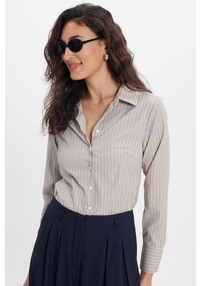 Tudors Kadın Slim Fit Dar Kesim Uzun Kollu Çizgili Bej Gömlek-50324