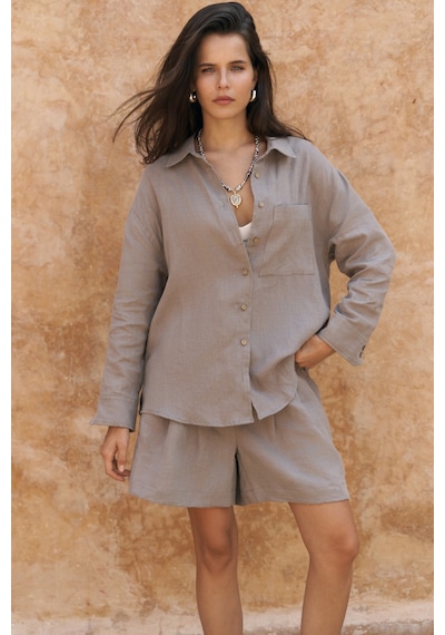Mai Collection Mai Studios Co. Gaelil Oversize Füme Keten Gömlek Şort Takım Füme