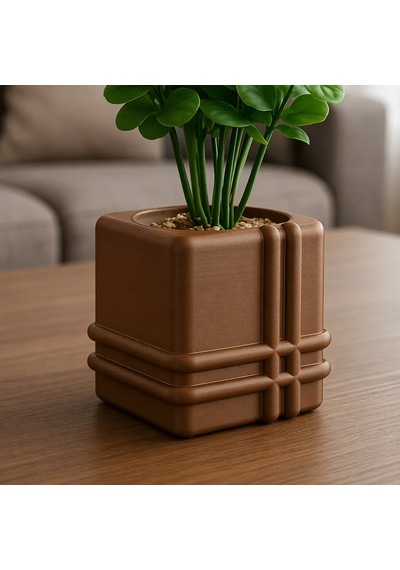 3d Baskı Square Planter - Izgara Desenli Küp Saksı-kahverengi