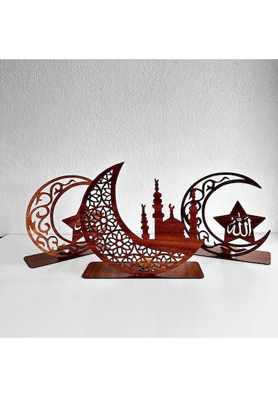 3'lü Dekor Tealight Mumluk Ceviz Ramazan Ayına Özel Açık Ahşap