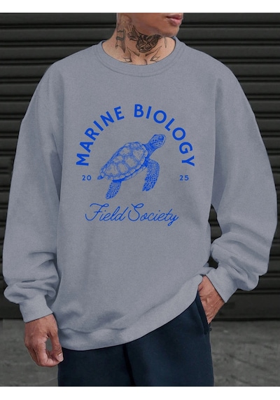 Tarzsokak Deniz Biyolojisi Kaplumbağa Baskılı Sweatshirt Erkekler İçin Bisiklet Yaka Günlük Kazaklar Po Gri