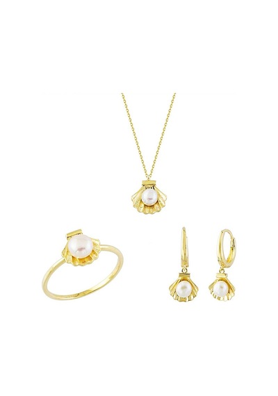 Sembol Gold Altın 3lü Takı Seti İstiridye 14k Gold T8467 Renkli