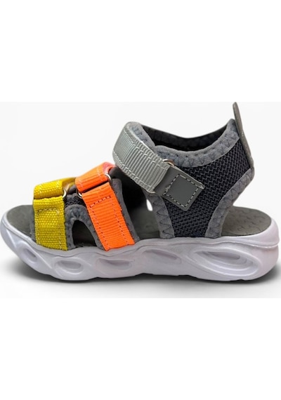 Arzen Bebe 232-26 3 Cırtlı Işıklı Anatomik Çocuk Sandalet Gri Turuncu Sarı 22-25