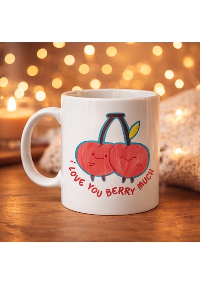 I Love You Berry Much Tasarımlı Kupa Model 12 Sevimli Kiraz Desenli Porselen Kahve Kupası - Hediye Fincanı Diğer