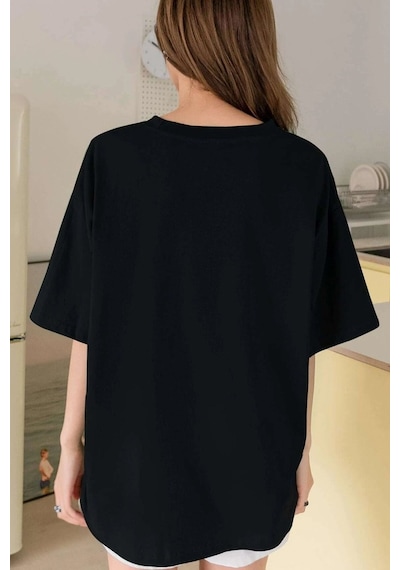 Unisex Kedi Baskılı T-shirt Siyah