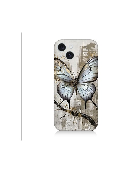 Apple Uyumlu iPhone 15 Plus Gri Kelebek Desenli Silikon Kılıf Silikon