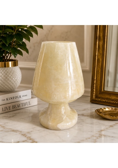 Doğal Oniks Taş Mumluk 12x8 Cm El Yapımı Geçmeli Mumluk Işık Geçiren Premium Dekoratif Şamdan Yemek Masası Ve Özel Gün Hediyesi Beyaz