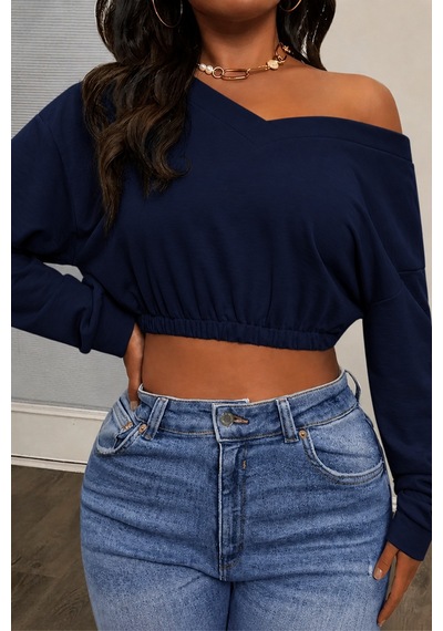 Tarz Cool Kadın Omuz Dekolteli Lastikli Crop Sweatshirt %100 Pamuk Lacivert