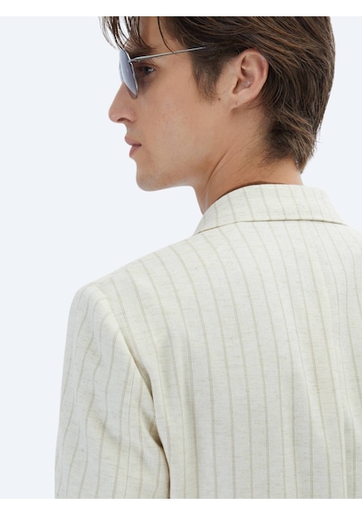 Kip Bej Çizgili Modern Fit Keten Karışımlı Ceket Bej