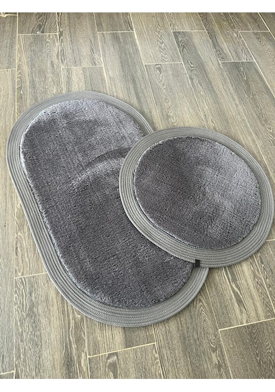Melena Carpet Premium Kaymaz Taban Peluş Banyo Paspası Seti Jüt Kenar Detaylı 2 Li Oval Yuvarlak 100x60 60x60 Antrasit