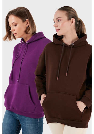 Lela Regular Fit Pamuklu Kapüşonlu Yaka Şardonlu Kışlık 2'Li Paket Bayan Sweat 5863854S2 Kahve-Mor