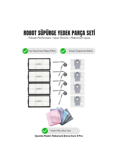 Roborock Qrevo Curv 2 Pro İle Uyumlu 4 Yan Fırça 4 Filtre 4 Toz Torbası 1 Temizlik Bezi 14.0