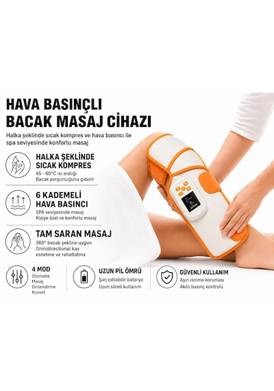 Hava Basınçlı Bacak Masaj Cihazı 6 Kademeli Hava Basıncı Tam Saran Masaj 4 Mod Ekranlı Turuncu