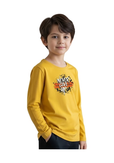 Panios Kids Düz Yuvarlak Yaka Nevver Give Baskı Detaylı Erkek Çocuk Sweatshirt Sari