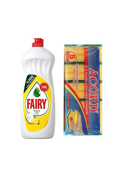 Fairy Sıvı Bulaşık Deterjanı 650 ML + Acord Bulaşık Süngeri 5'li