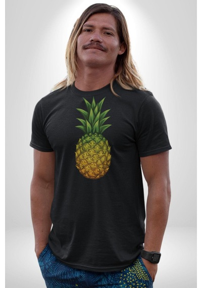 Ananas Meyve Unisex Unisex Siyah Organik Baskılı T-shirt Penye Yüksek Kalite Siyah