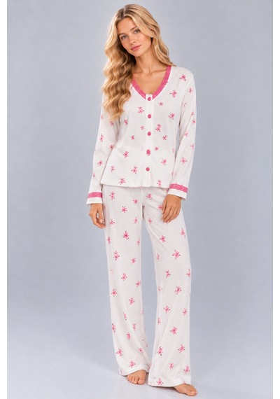 Pijamask Kadın Çiçek Ve Kelebek Desenli V Yaka Düğmeli Uzun Kollu Kaşkorse Pijama Takımı Beyaz Pijamask Kadın Çiçek Ve Kelebek Desenli V Yaka Düğmeli Uzun Kollu Kaşkorse Pijama Takımı Beyaz