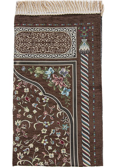 Kahverengi Çiçekli Ravza Desenli Astarlı Şönil Seccade 001