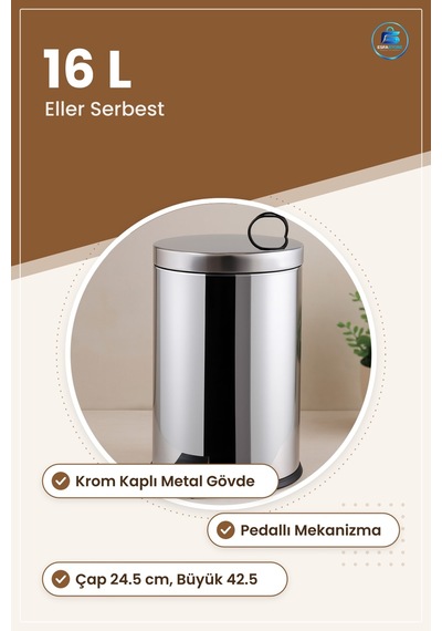 Pedallı Krom Metal Çöp Kovası 16 L Mutfak Banyo Ofis Çap 24.5 Cm