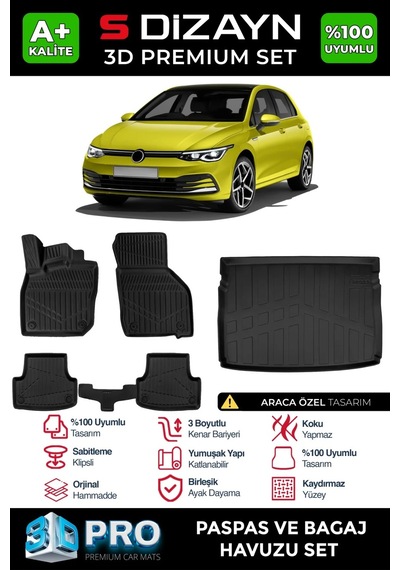 S-dizayn Vw Golf 8 Manuel 3d Pro Havuzlu Paspas Ve Üst Bagaj Havuzu Seti 2'li Set 2020-2024 A+ Ka