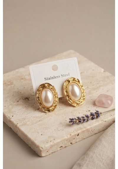 316l Gold Renk Gold Renk Vintage Beyaz İncili Model Küpe Çok Renkli
