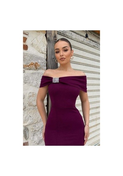 Lior Design Kadın Şık Detay Straplez Taş Detaylı Yırtmaçlı Abiye Elbise Açık Mor