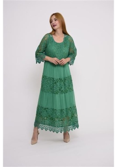 Eren Style İtalyan Sunshine İpek Detaylı Dantelli Elbise-9033 Yeşil