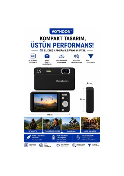 Dijital Kamera 4k Hd 48mp 8x Zoom Flaşlı Kayar Retro Video Kamera 2.4 Ekran 64gb Sd Kart Hediyeli Siyah