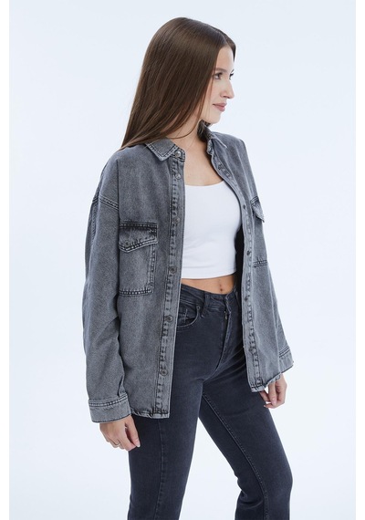 Selectmoda Kadın Çift Cepli Çıtçıt Kapamalı Oversize Kot Gömlek Antrasit