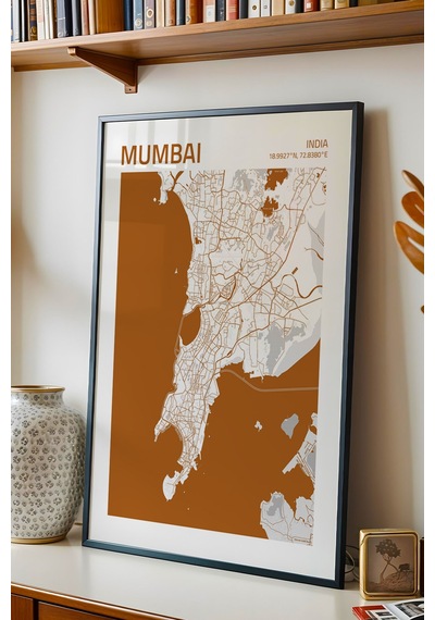 Mumbai Hindistan India Haritası Çerçeveli Tablo Lüks Salon Ofis Duvar Dekorasyonu Hediyelik Tablo