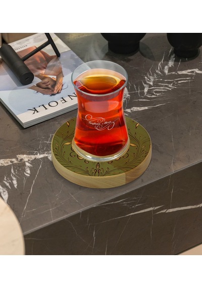 Kişiye Özel Retro Motif Tasarımlı Doğal Ahşap Tabaklı Heybeli Çay Bardağı Model 4