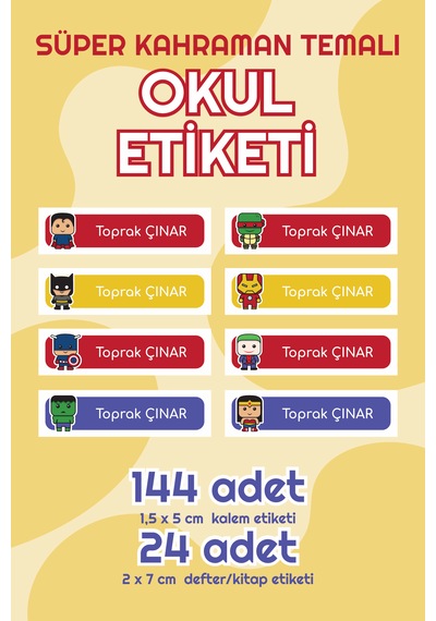 Süper Kahramanlı Isimli Okul Etiketi Defter Kalem Sticker Seti